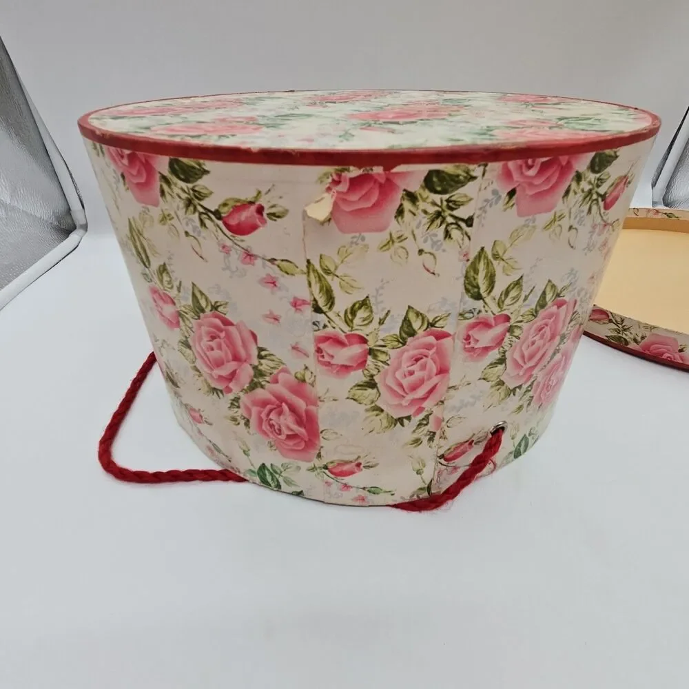 Vintage PINK FLORAL HATBOX w/CORD HANDLE Wallpaper Shabby Chic